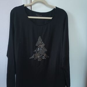 Coldwater Creek Black Long Sleeve Top with Sparkling Tree